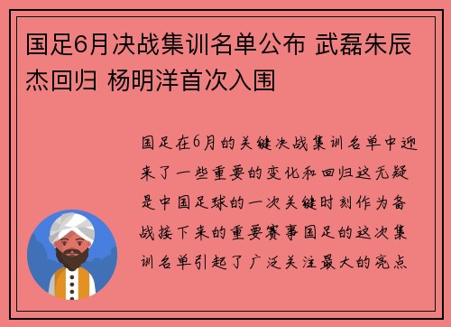 国足6月决战集训名单公布 武磊朱辰杰回归 杨明洋首次入围