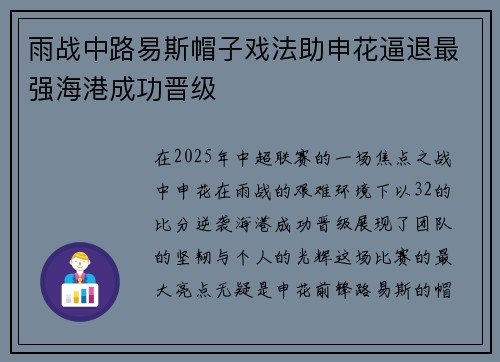 雨战中路易斯帽子戏法助申花逼退最强海港成功晋级